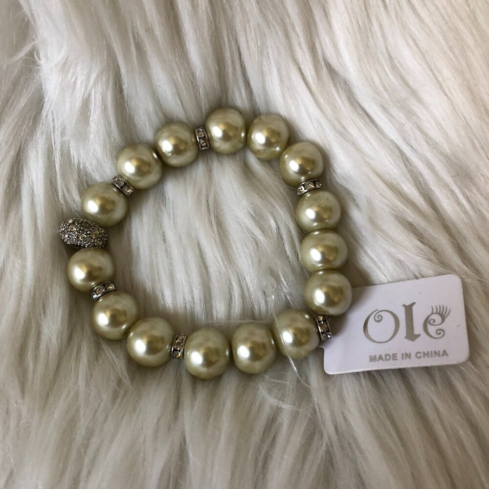 ole ivory round pearl beaded crystal stretch bracelet